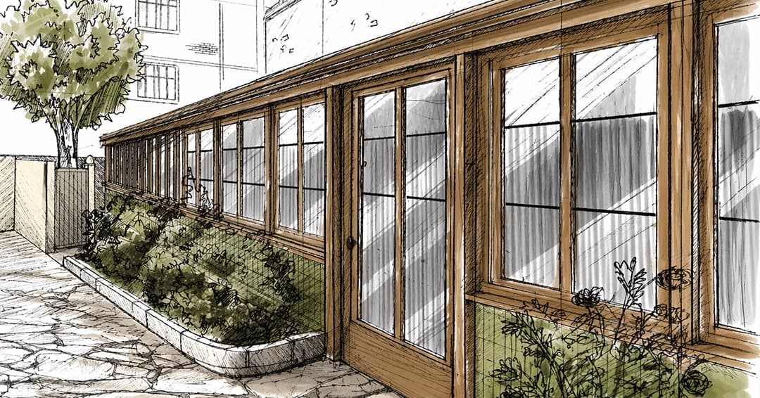 Mobilier sur mesure de la verrière réhabilitée en bureaux par Studio Songe